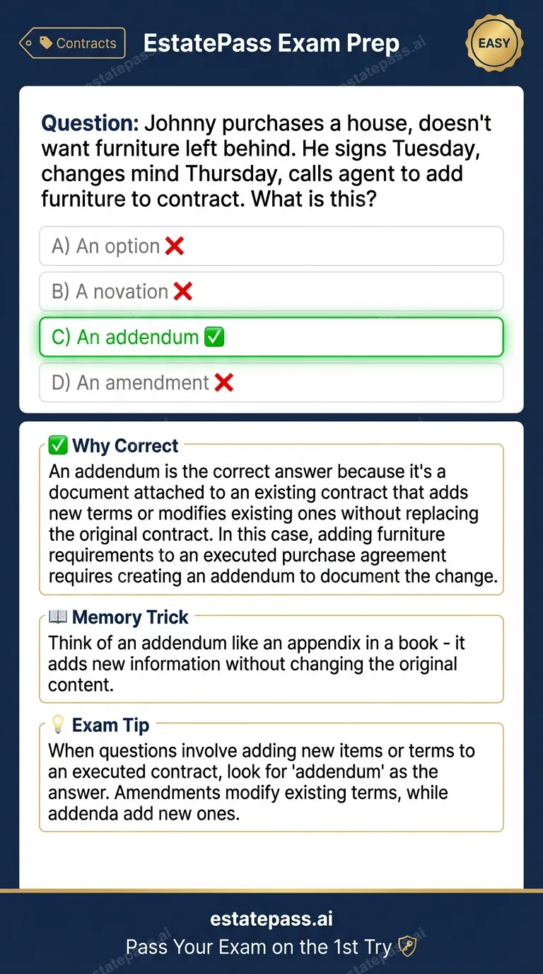 Study card infographic: Johnny purchases a house, doesn't want furniture left behind. He signs Tuesday, 