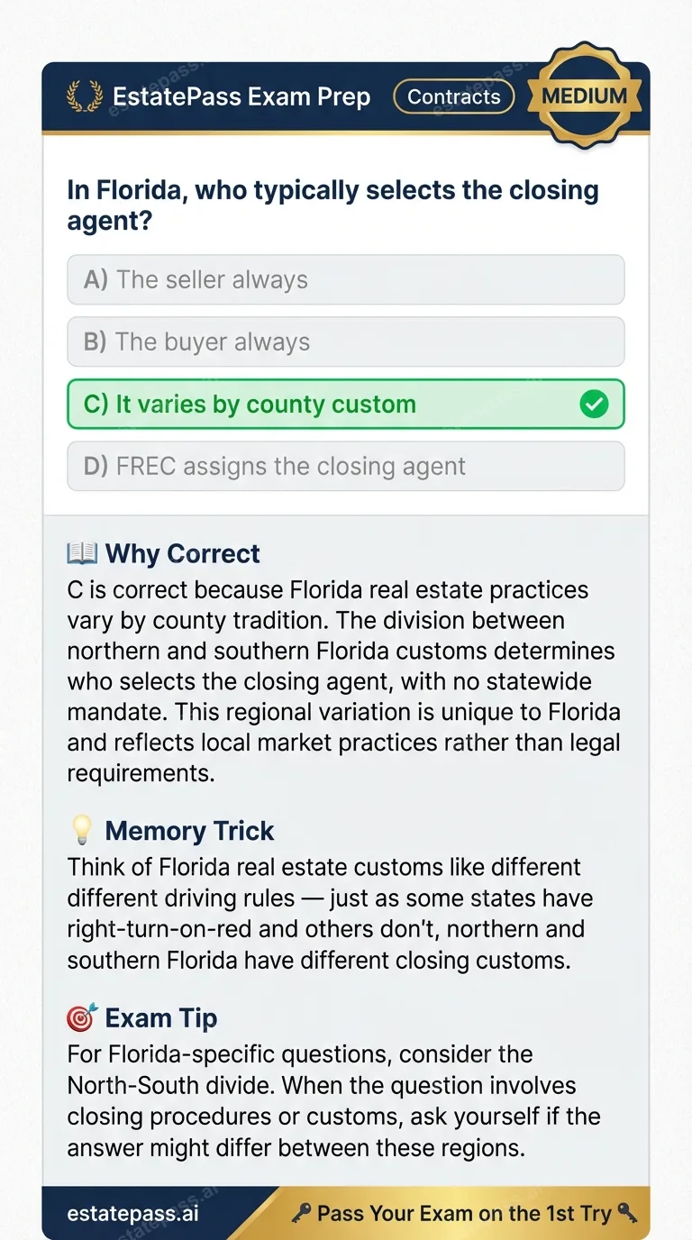 Study card infographic for: In Florida, who typically selects the closing agent?