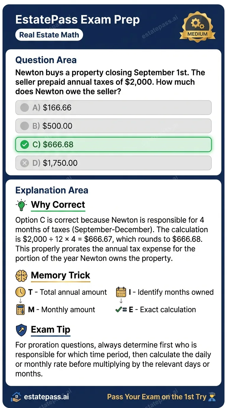 Study card infographic: Newton buys a property closing September 1st. The seller prepaid annual taxes of