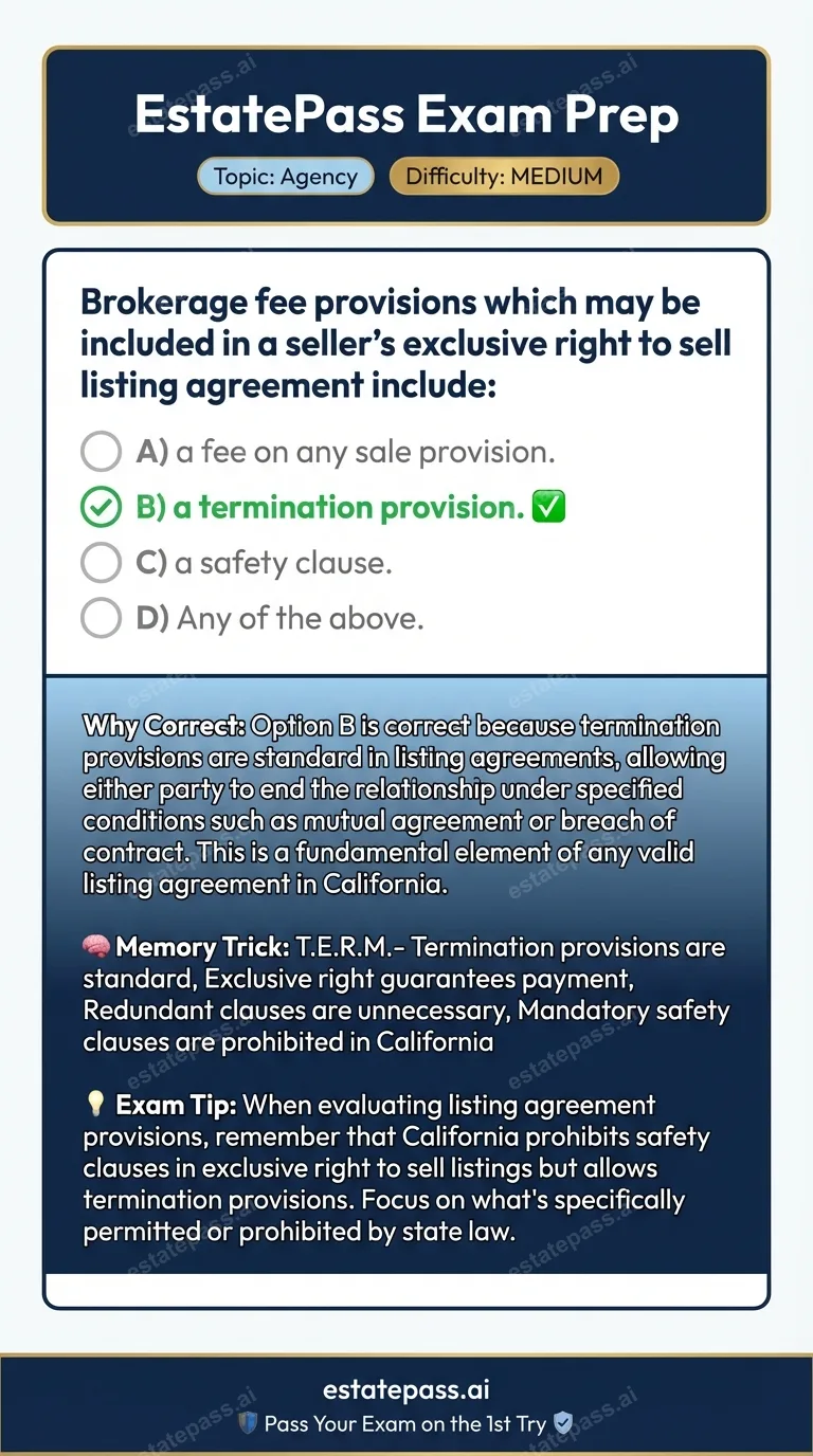 Study card infographic for: Brokerage fee provisions which may be included in a seller’s exclusive right to 