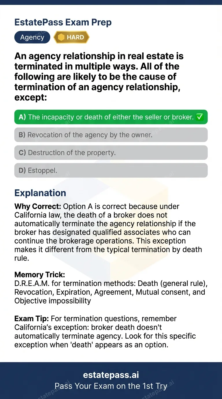 Study card infographic for: An agency relationship in real estate is terminated in multiple ways. All of the