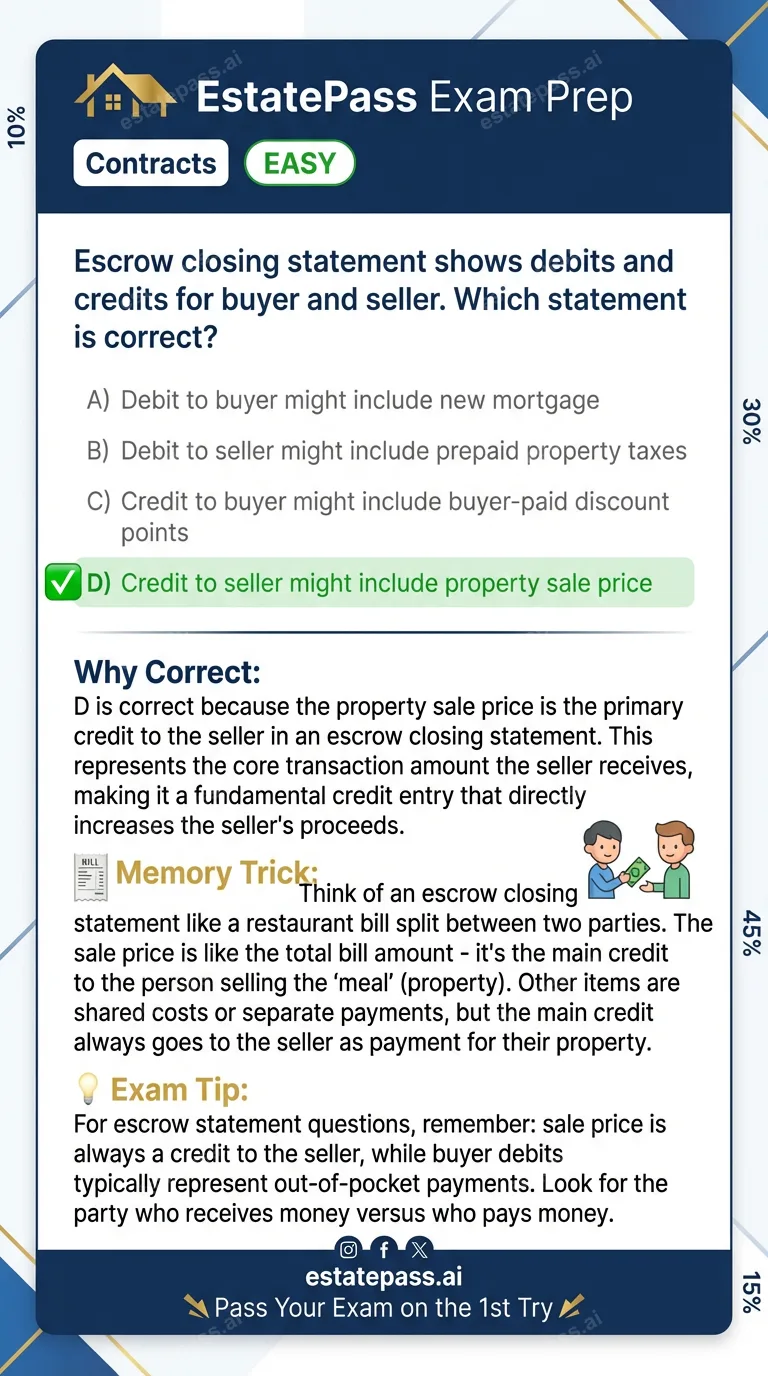 Study card infographic for: Escrow closing statement shows debits and credits for buyer and seller. Which st