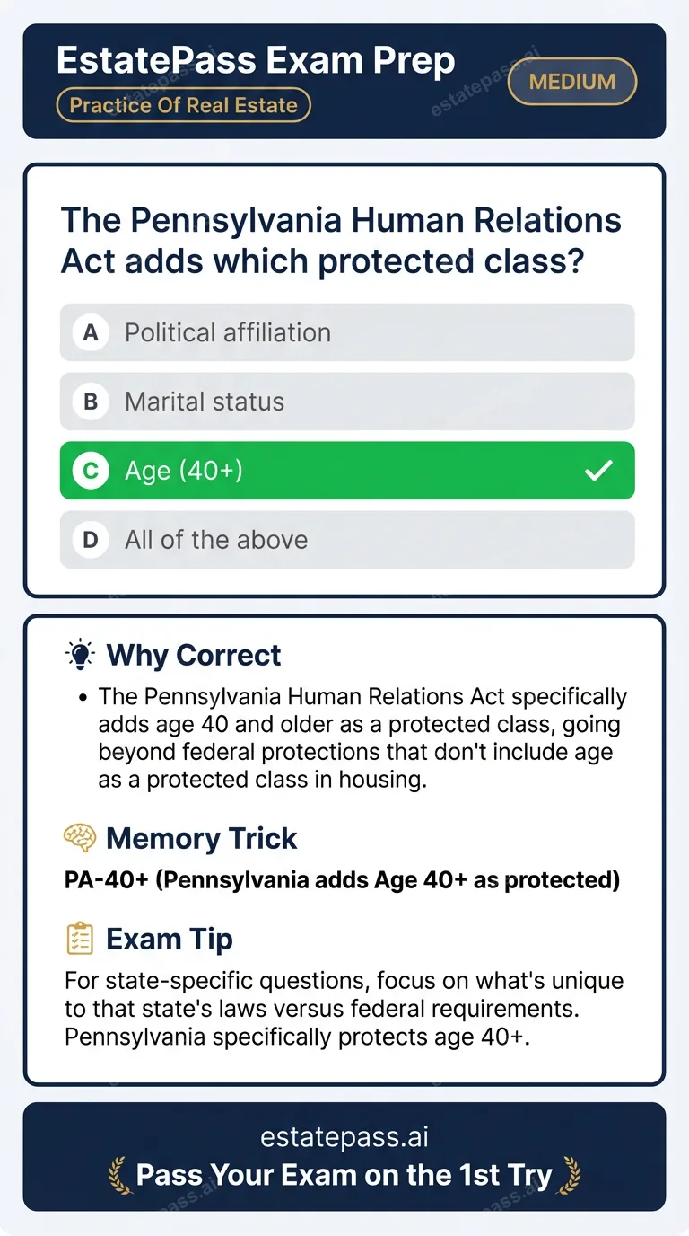 Study card infographic: The Pennsylvania Human Relations Act adds which protected class?