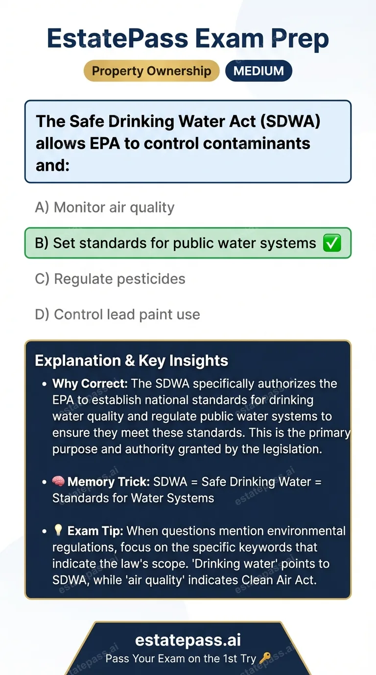 Study card infographic: The Safe Drinking Water Act (SDWA) allows EPA to control contaminants and: