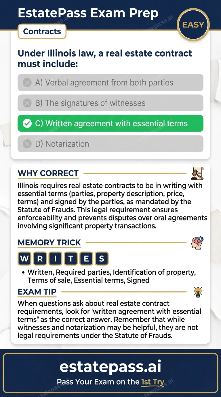 Study card infographic for: Under Illinois law, a real estate contract must include: