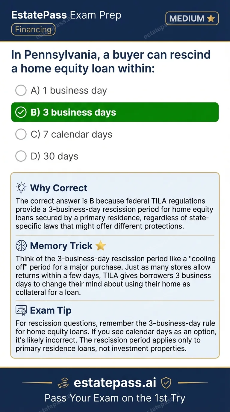 Study card infographic for: In Pennsylvania, a buyer can rescind a home equity loan within: