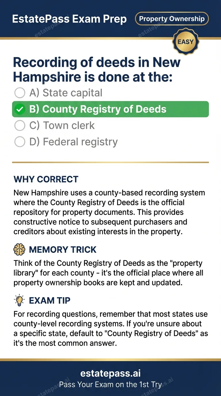 Study card infographic: Recording of deeds in New Hampshire is done at the: