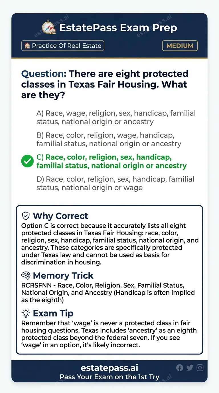 Study card infographic: There are eight protected classes in Texas Fair Housing. What are they?
