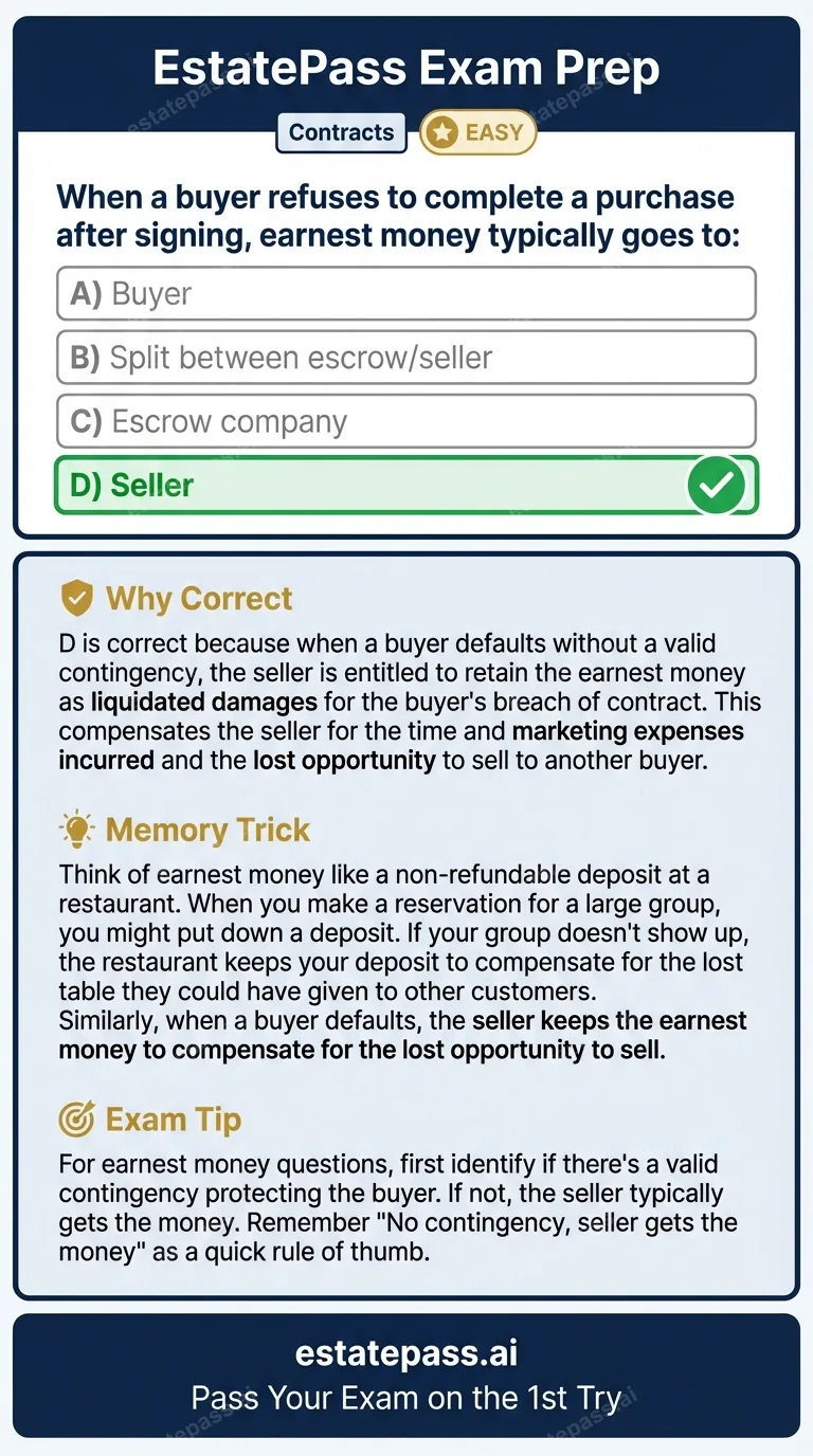 Study card infographic: When a buyer refuses to complete a purchase after signing, earnest money typical
