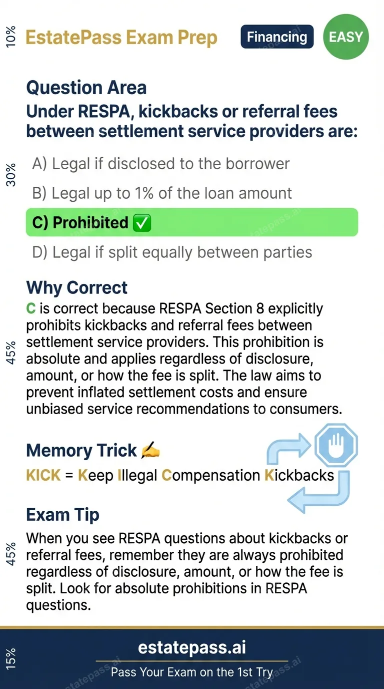 Study card infographic: Under RESPA, kickbacks or referral fees between settlement service providers are