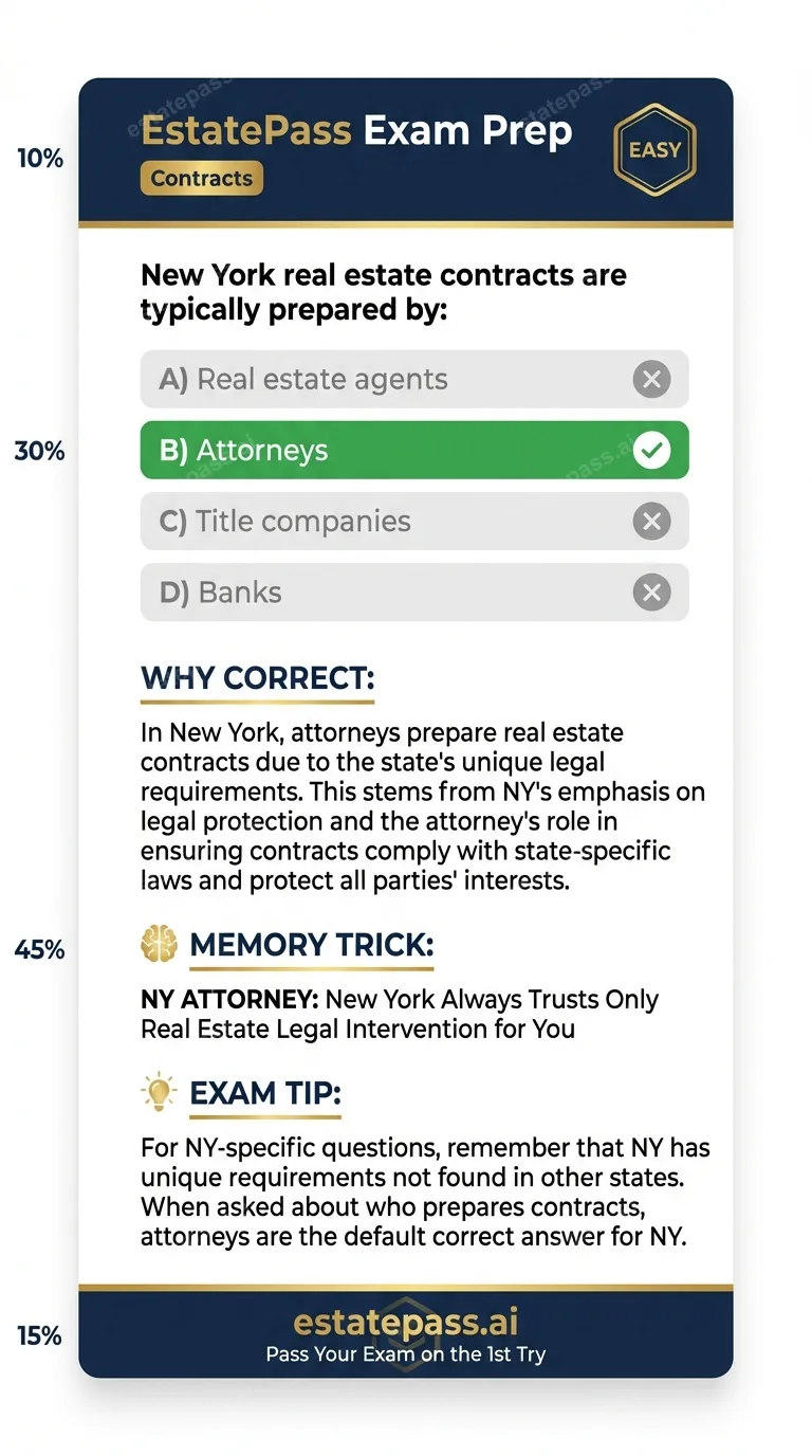 Study card infographic for: New York real estate contracts are typically prepared by: