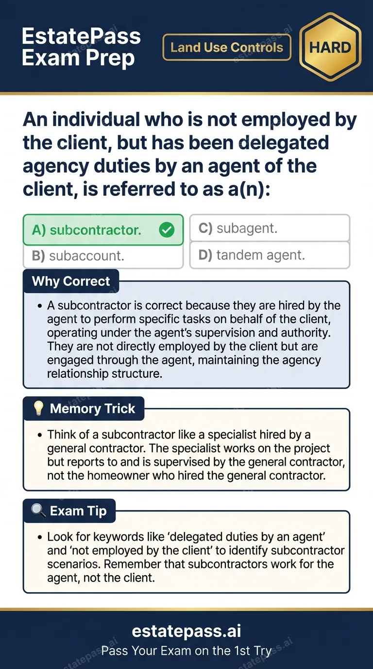 Study card infographic: An individual who is not employed by the client, but has been delegated agency d