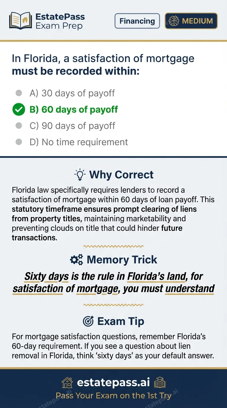 Study card infographic for: In Florida, a satisfaction of mortgage must be recorded within: