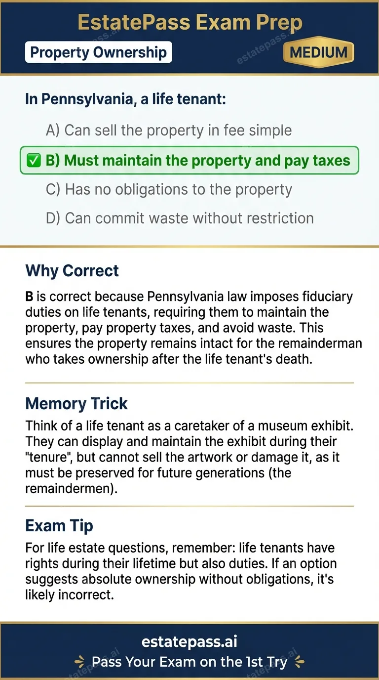 Study card infographic for: In Pennsylvania, a life tenant: