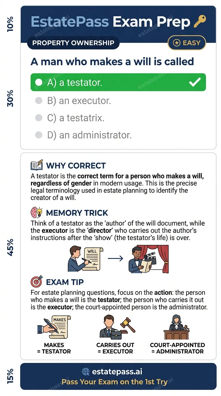 Study card infographic for: A man who makes a will is called