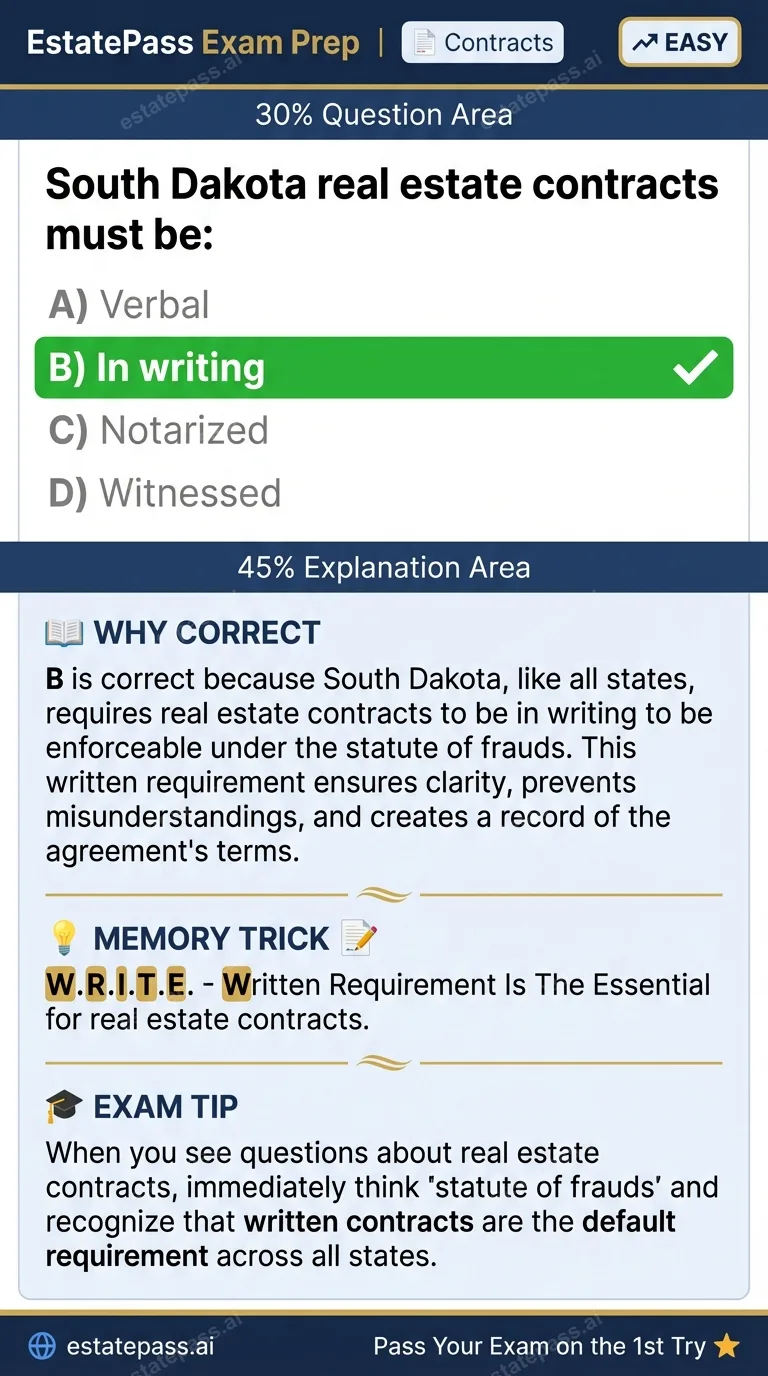 Study card infographic: South Dakota real estate contracts must be: