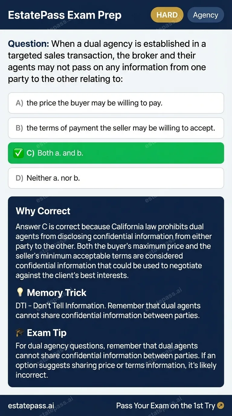 Study card infographic for: When a dual agency is established in a targeted sales transaction, the broker an