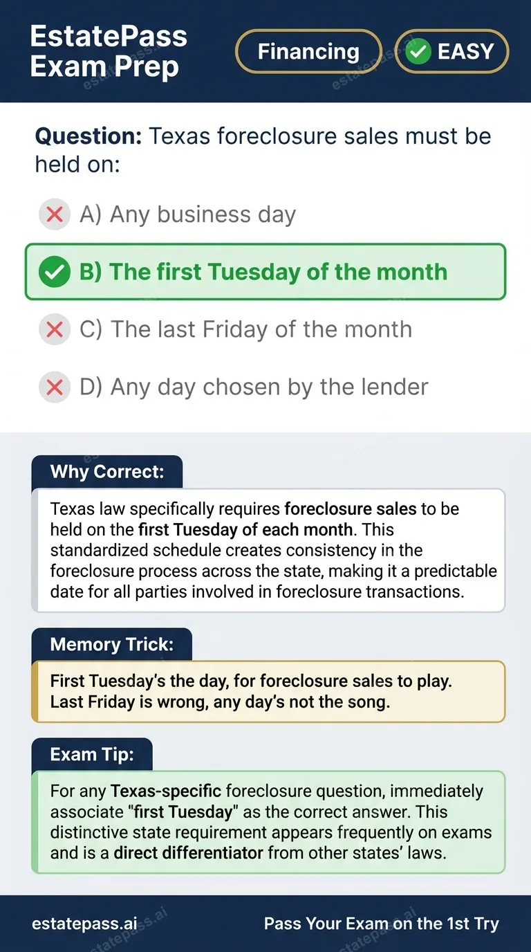 Study card infographic for: Texas foreclosure sales must be held on: