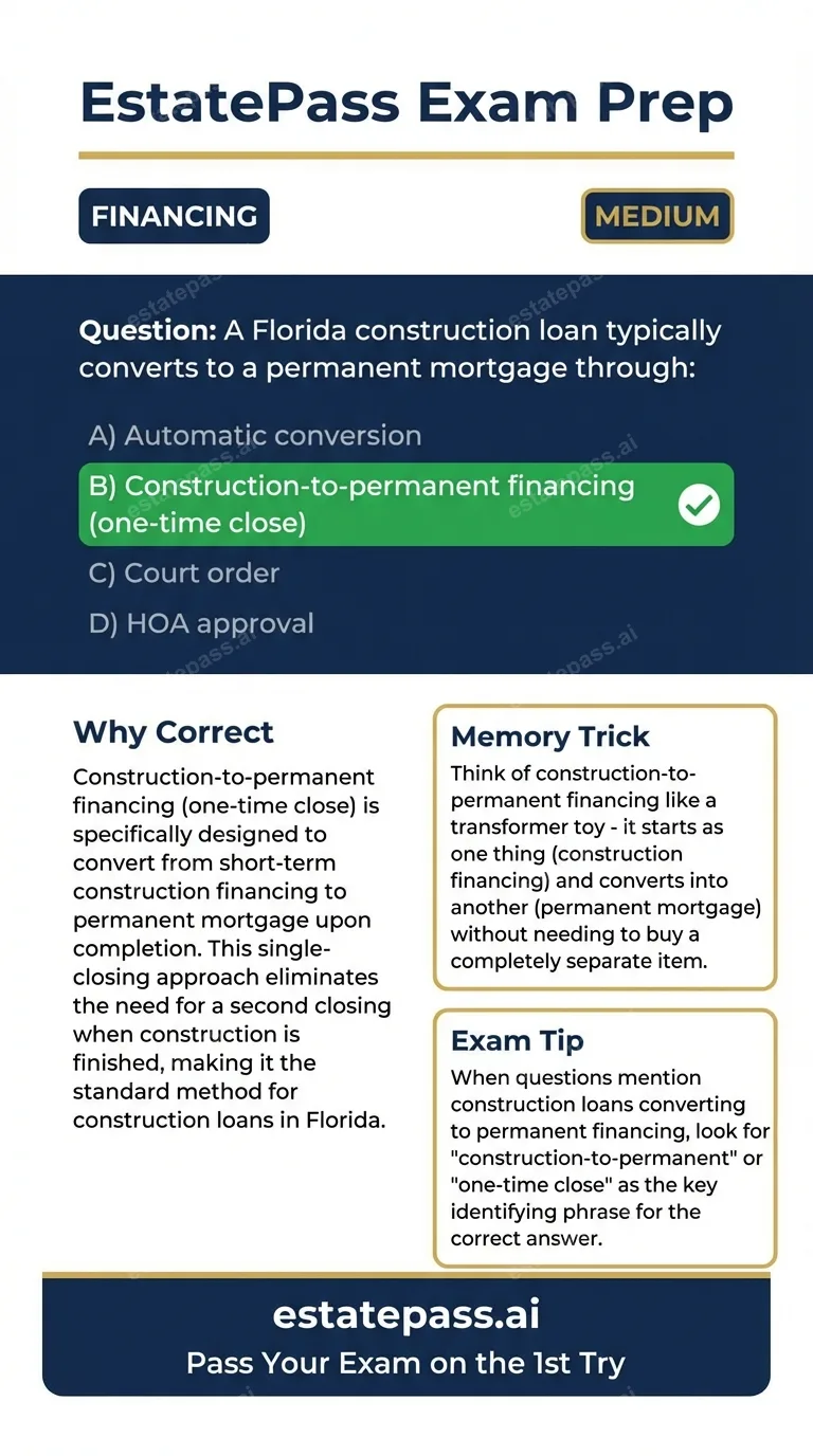 Study card infographic for: A Florida construction loan typically converts to a permanent mortgage through: