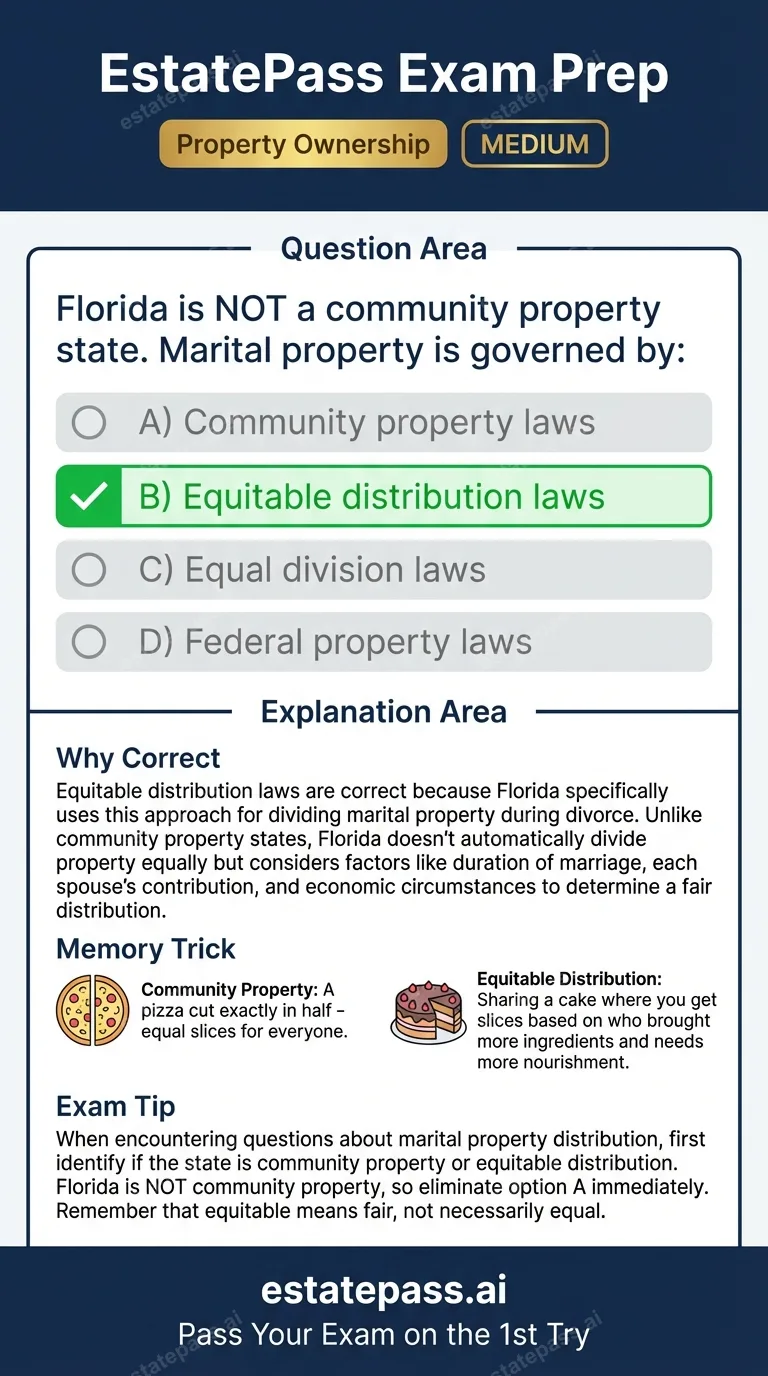 Study card infographic for: Florida is NOT a community property state. Marital property is governed by: