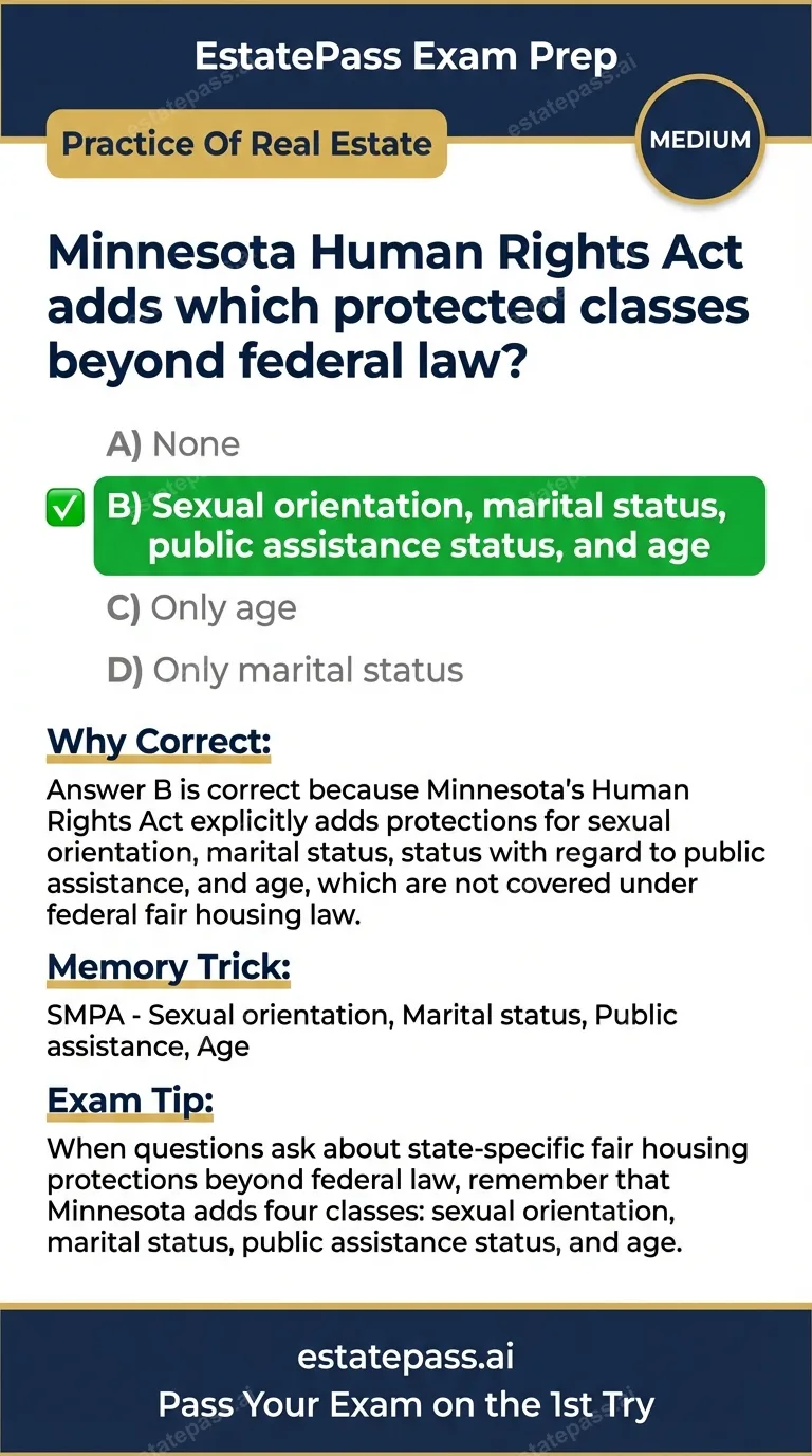Study card infographic: Minnesota Human Rights Act adds which protected classes beyond federal law?