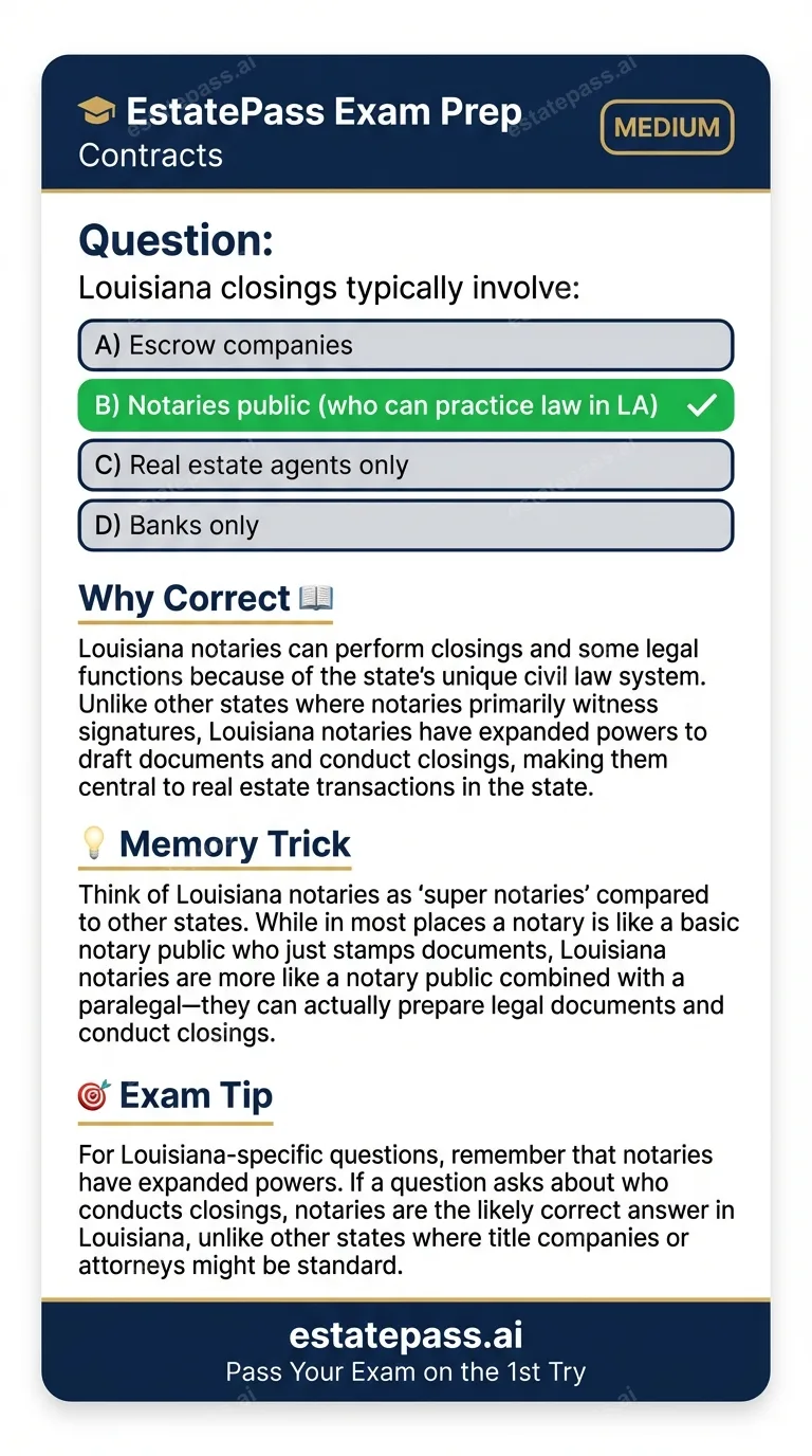 Study card infographic: Louisiana closings typically involve: