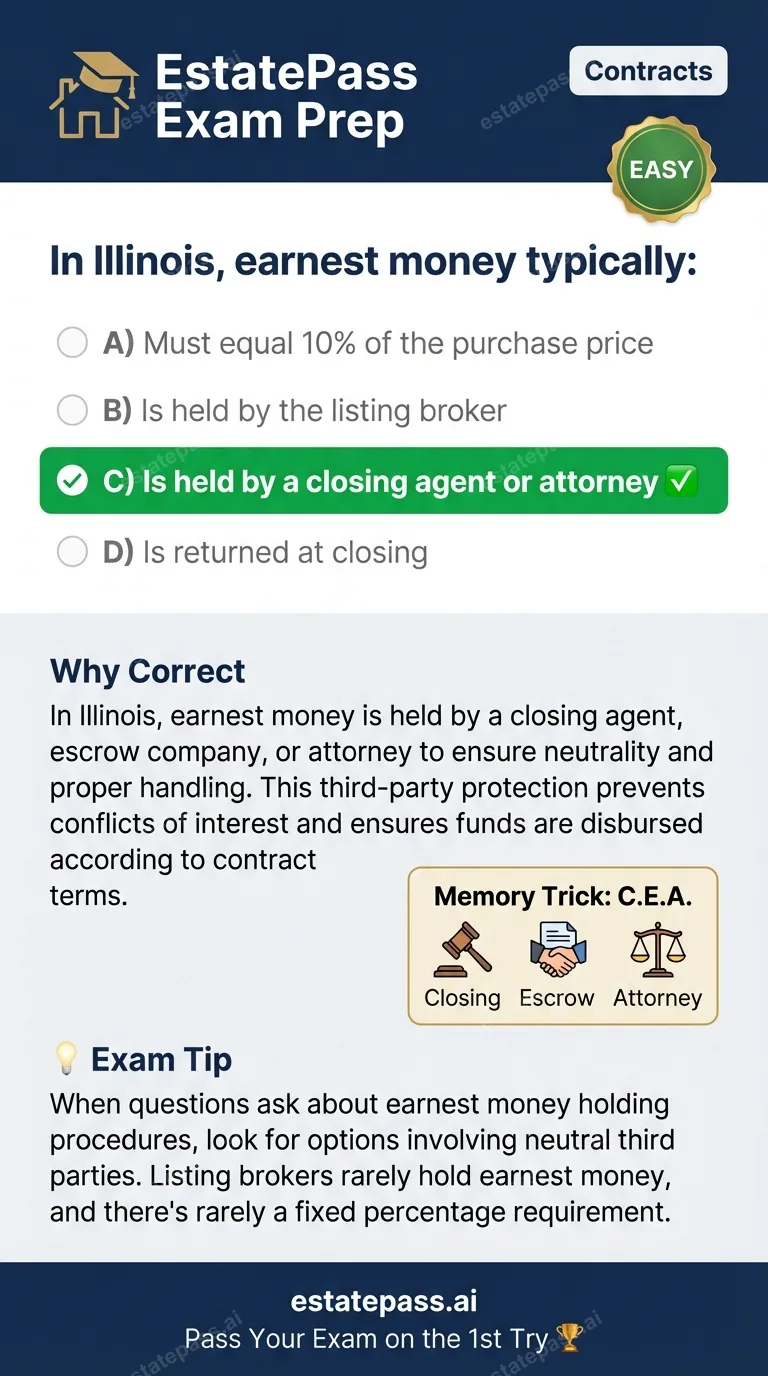 Study card infographic for: In Illinois, earnest money typically: