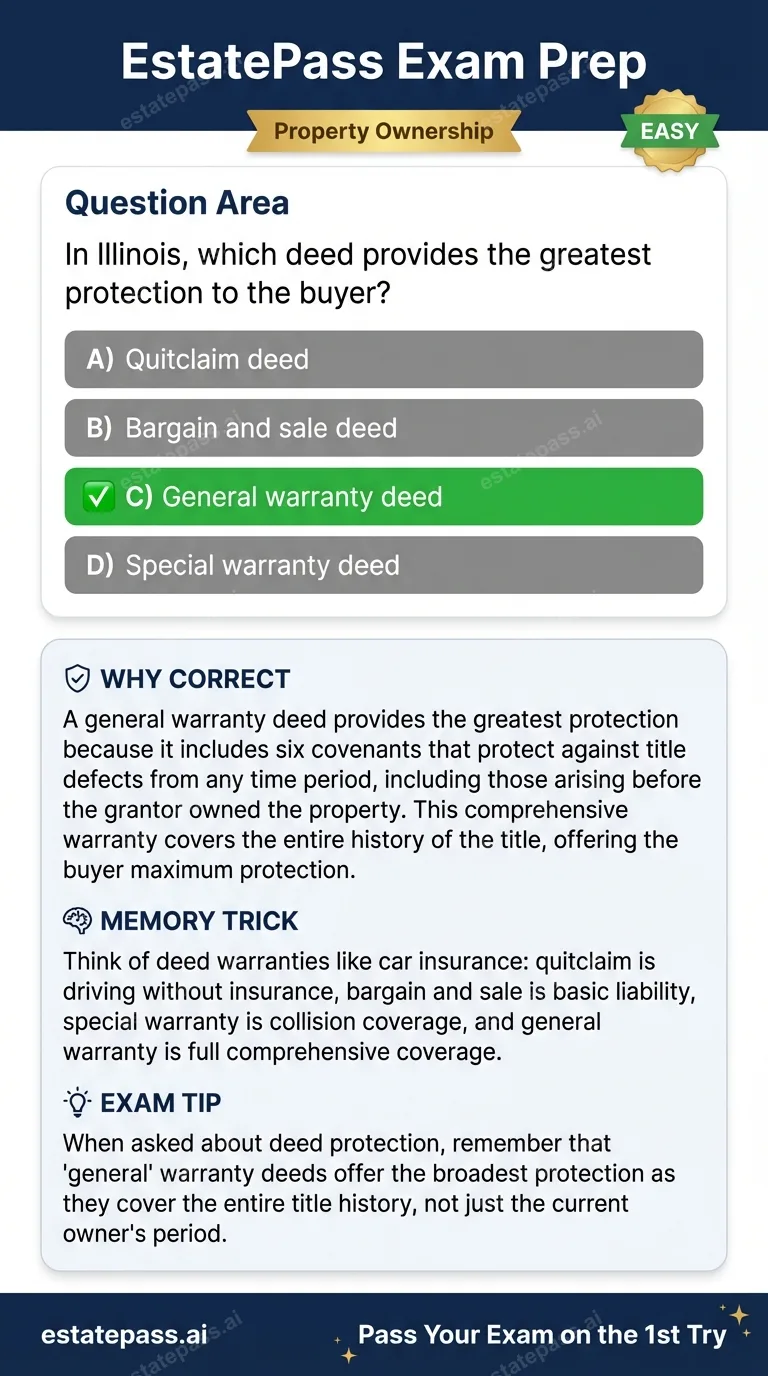 Study card infographic for: In Illinois, which deed provides the greatest protection to the buyer?