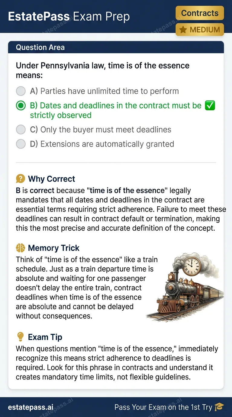 Study card infographic: Under Pennsylvania law, time is of the essence means: