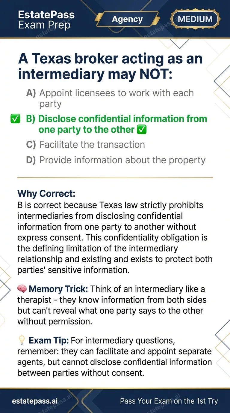 Study card infographic for: A Texas broker acting as an intermediary may NOT: