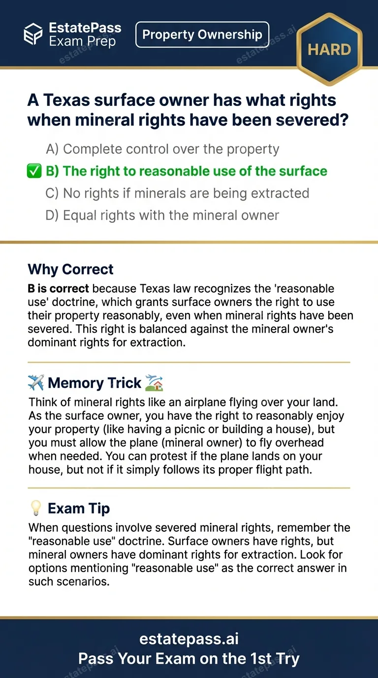 Study card infographic for: A Texas surface owner has what rights when mineral rights have been severed?