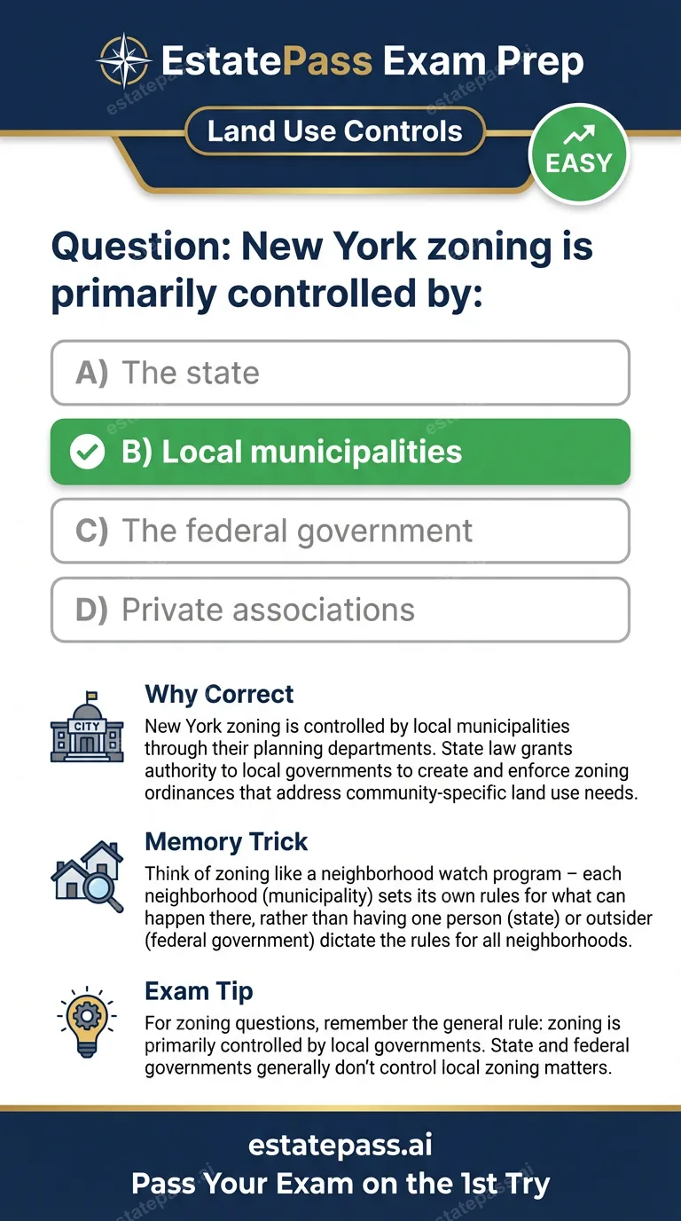 Study card infographic: New York zoning is primarily controlled by: