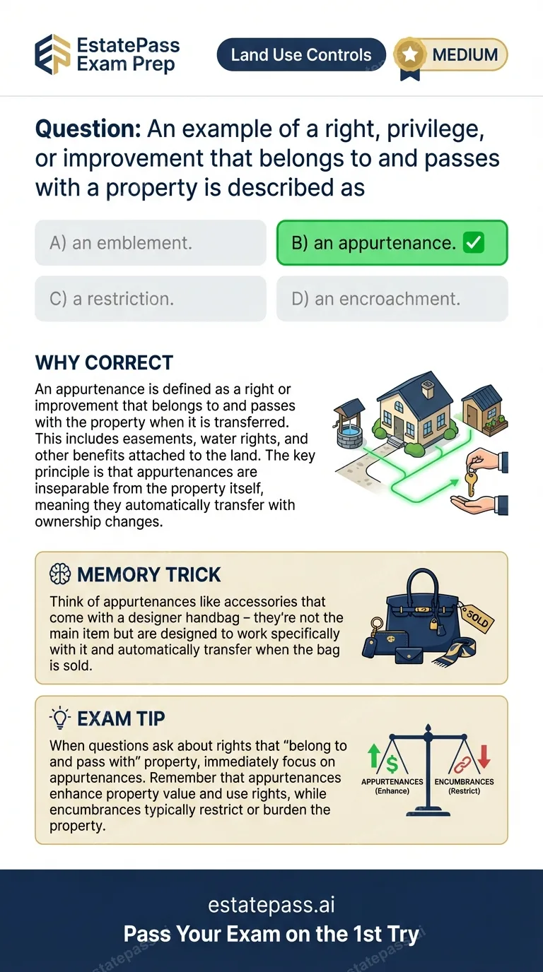 Study card infographic: An example of a right, privilege, or improve- ment that belongs to and passes wi