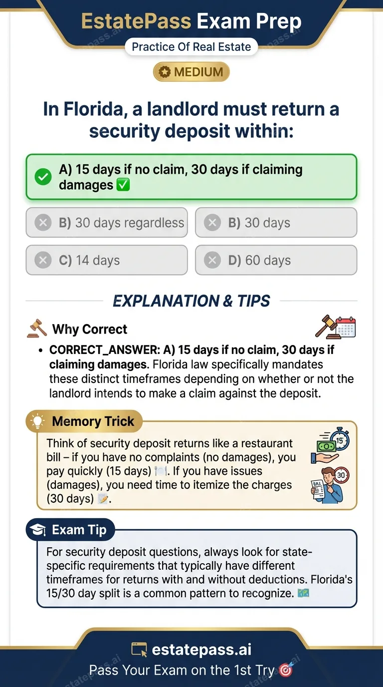 Study card infographic for: In Florida, a landlord must return a security deposit within: