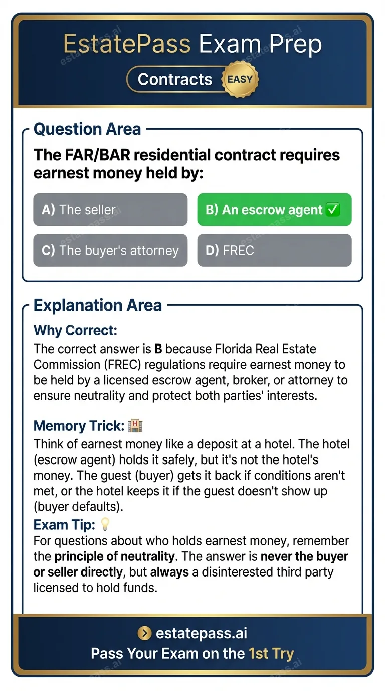 Study card infographic for: The FAR/BAR residential contract requires earnest money held by: