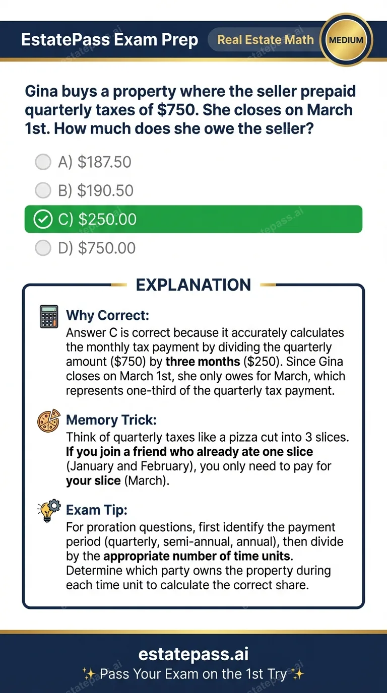 Study card infographic: Gina buys a property where the seller prepaid quarterly taxes of $750. She close