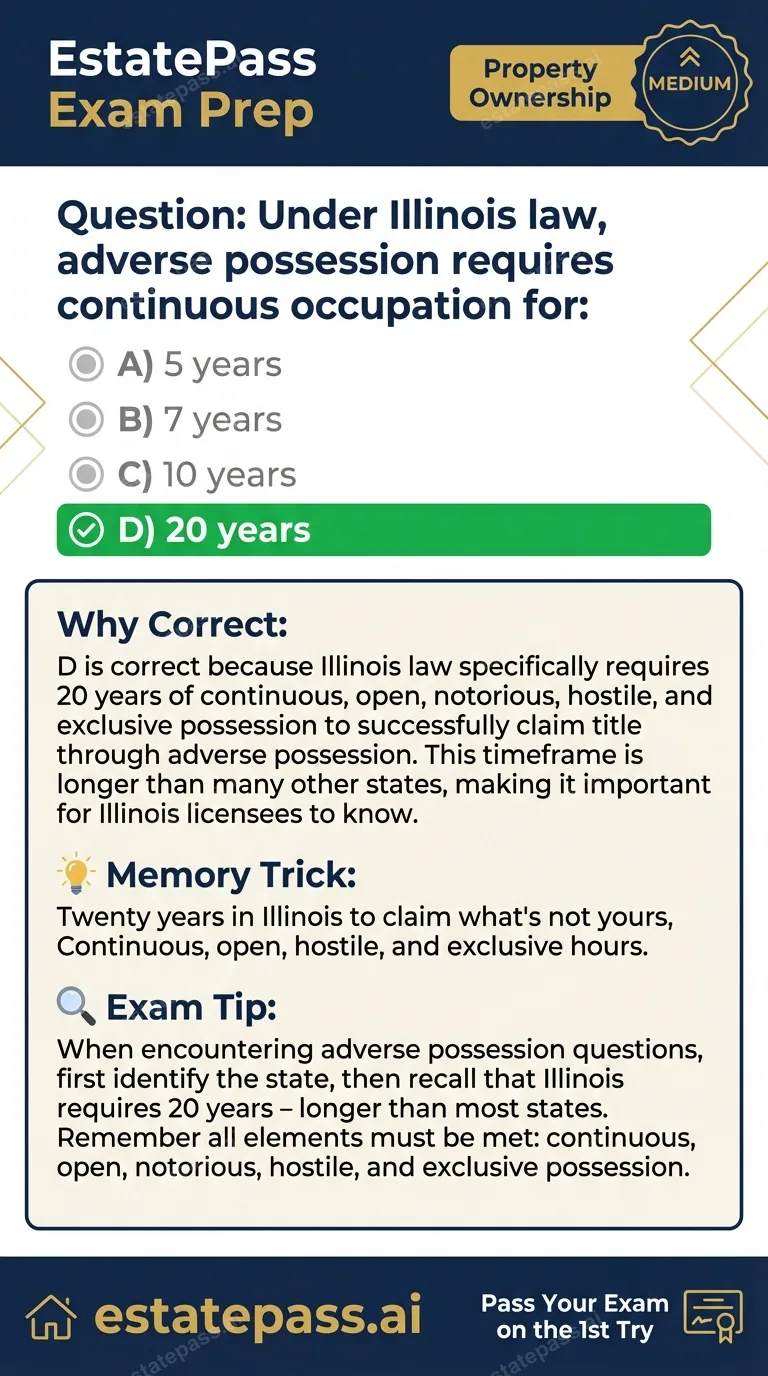 Study card infographic for: Under Illinois law, adverse possession requires continuous occupation for: