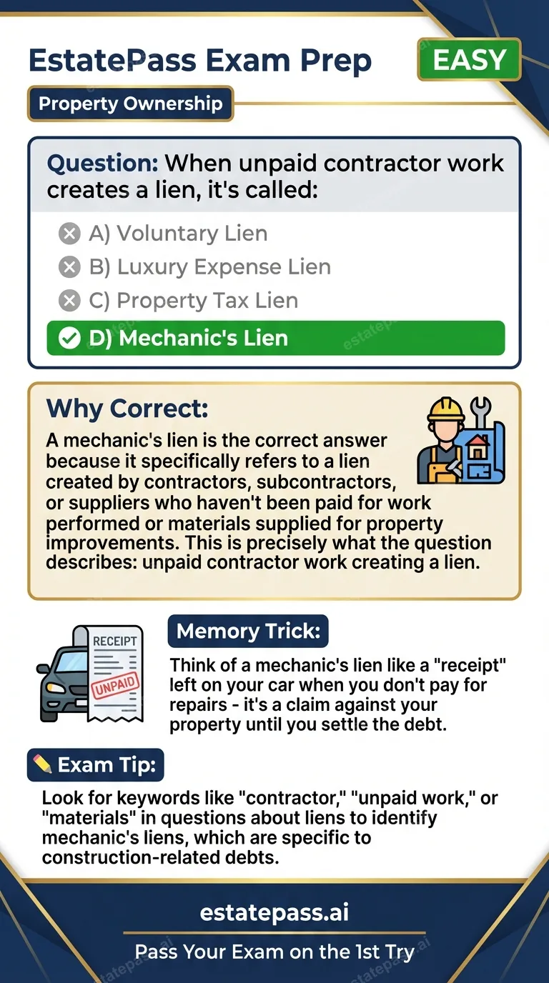 Study card infographic: When unpaid contractor work creates a lien, it's called: