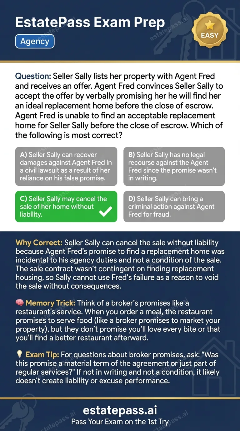 Study card infographic: Seller Sally lists her property with Agent Fred and receives an offer. Agent Fre