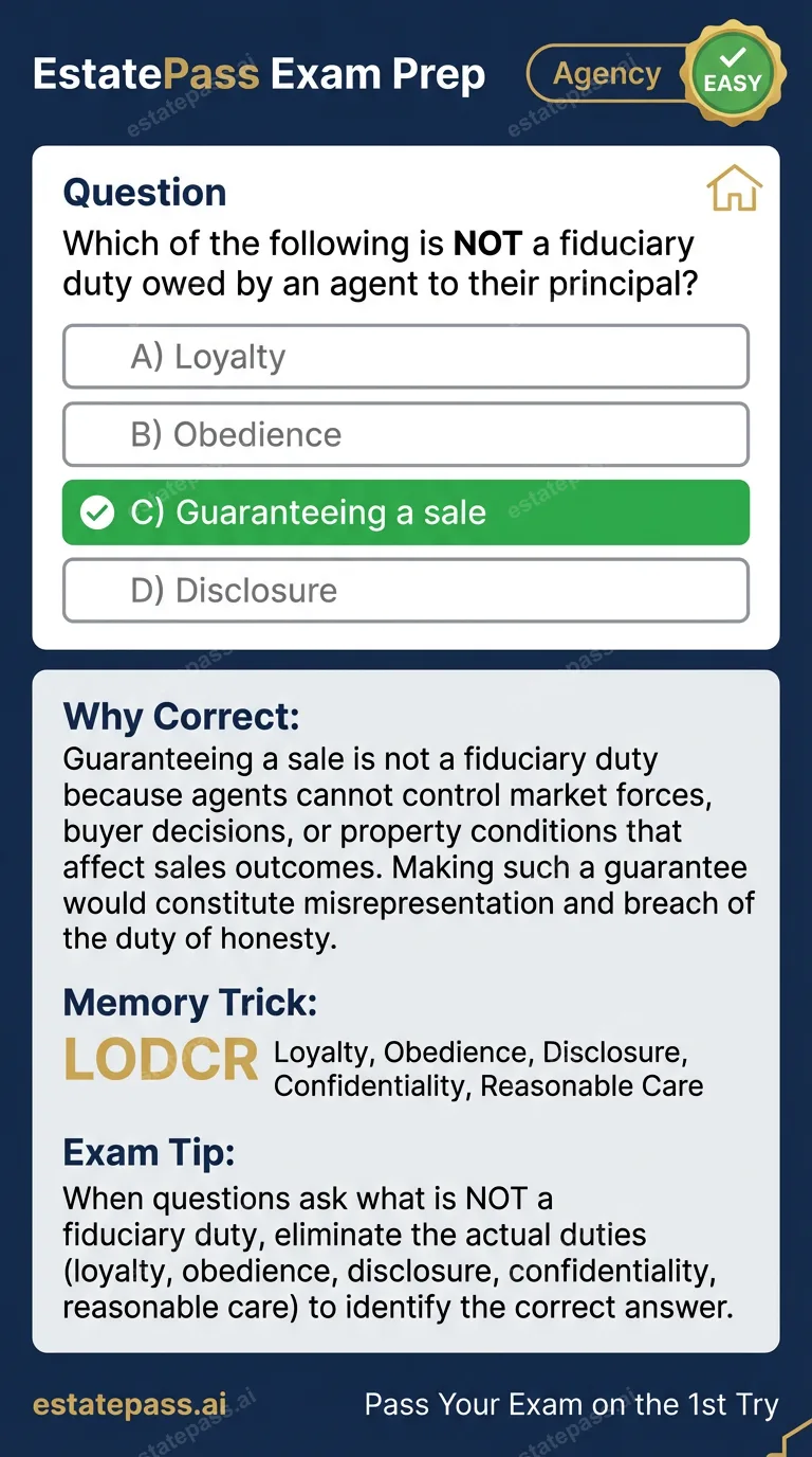 Study card infographic for: Which of the following is NOT a fiduciary duty owed by an agent to their princip