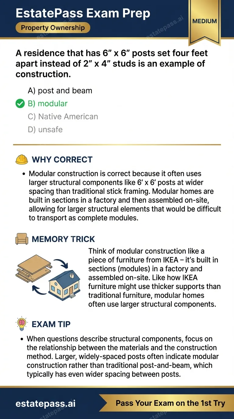 Study card infographic for: A residence that has 6” x 6” posts set four feet apart instead of 2” x 4” studs 