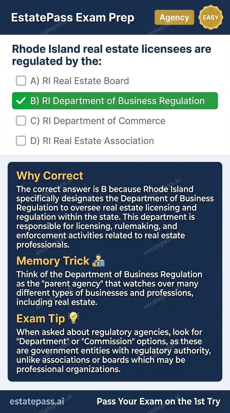 Study card infographic: Rhode Island real estate licensees are regulated by the: