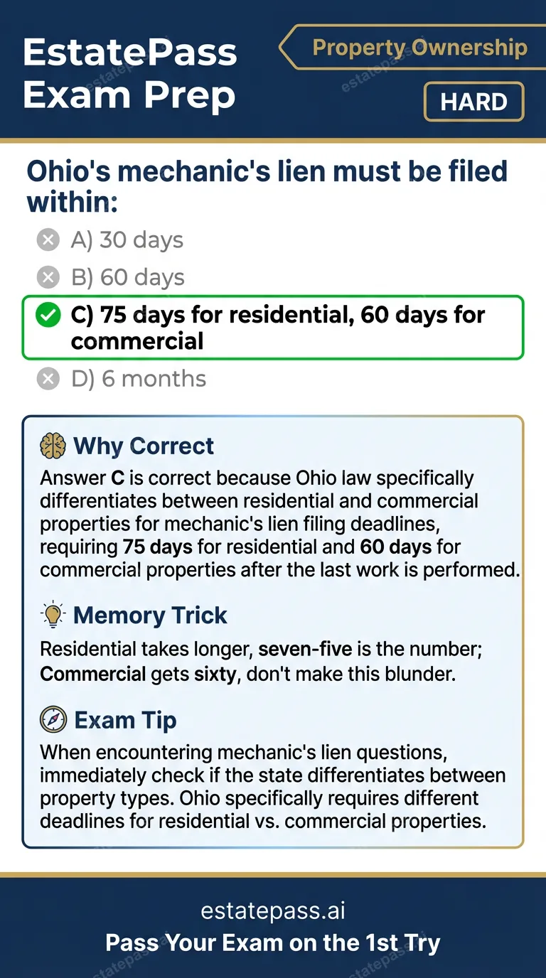 Study card infographic for: Ohio's mechanic's lien must be filed within: