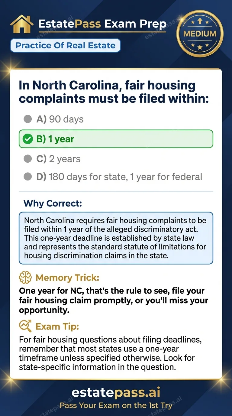 Study card infographic: In North Carolina, fair housing complaints must be filed within: