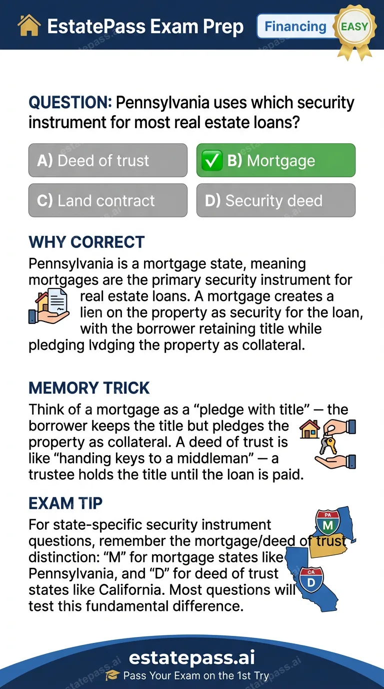 Study card infographic for: Pennsylvania uses which security instrument for most real estate loans?