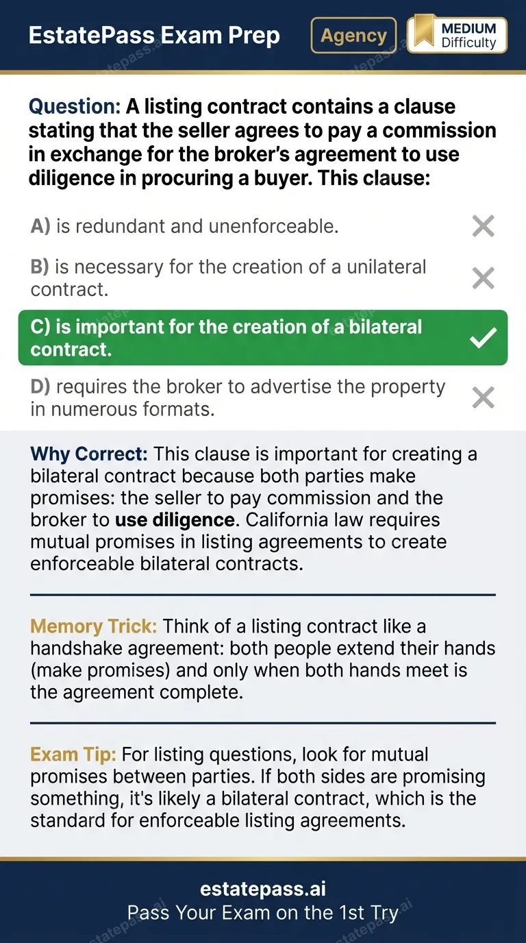 Study card infographic for: A listing contract contains a clause stating that the seller agrees to pay a com