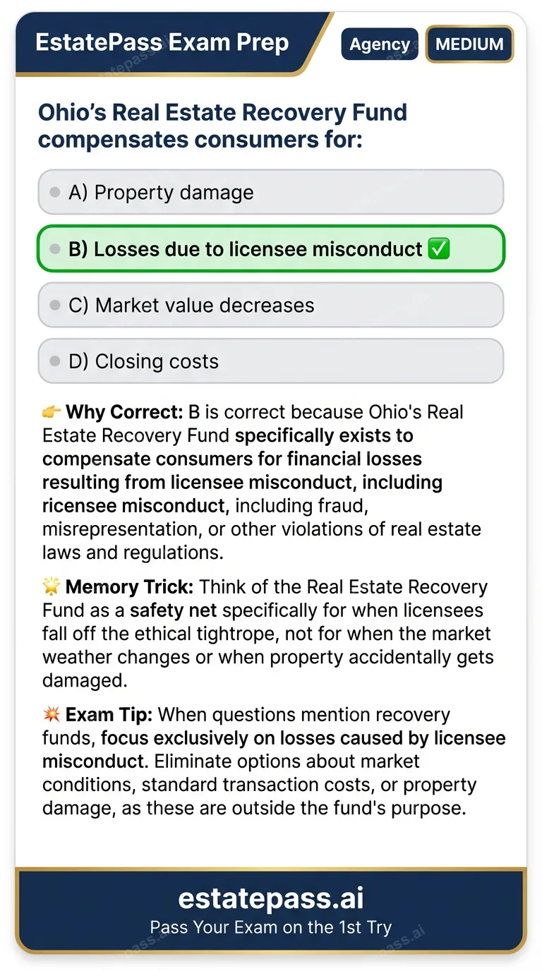 Study card infographic for: Ohio's Real Estate Recovery Fund compensates consumers for: