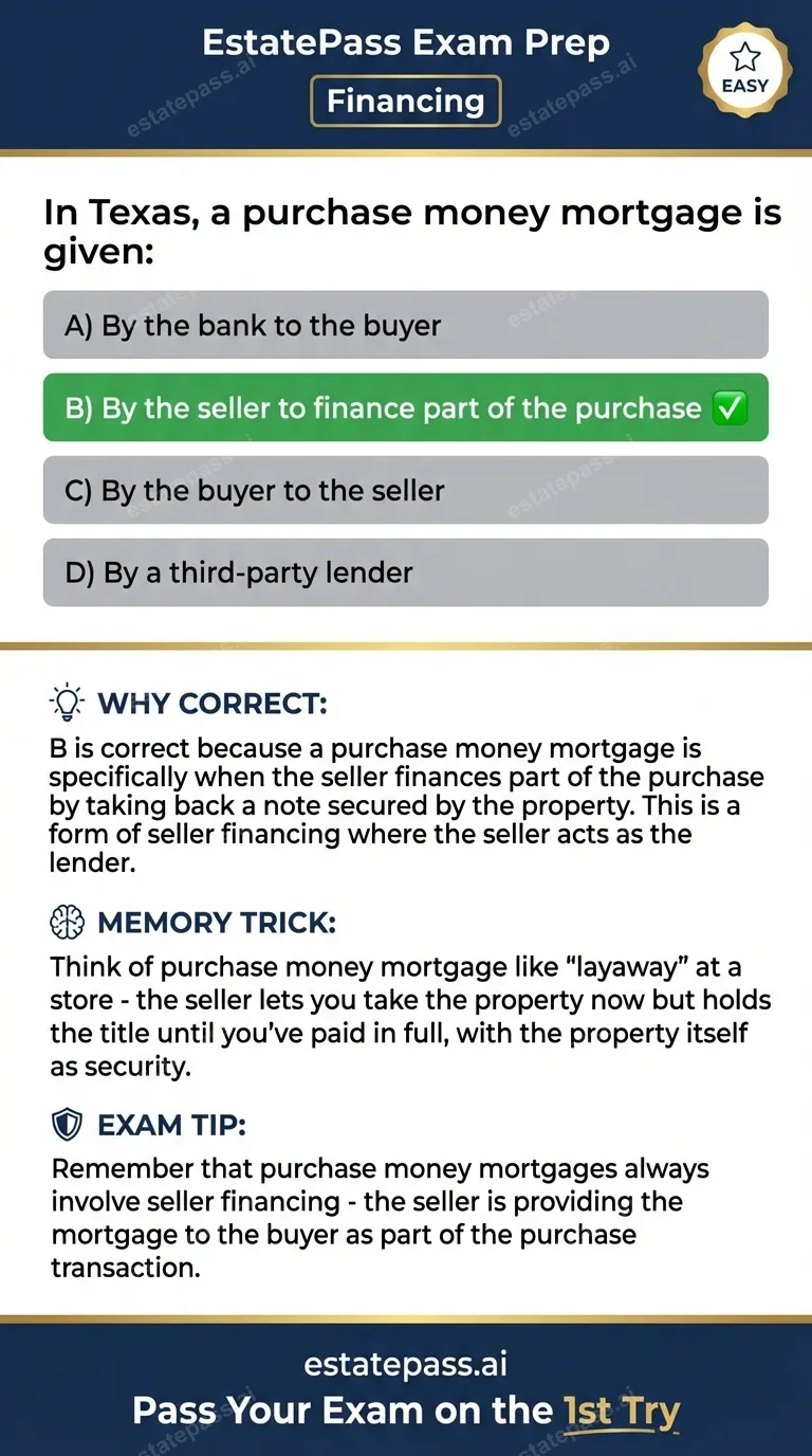 Study card infographic for: In Texas, a purchase money mortgage is given: