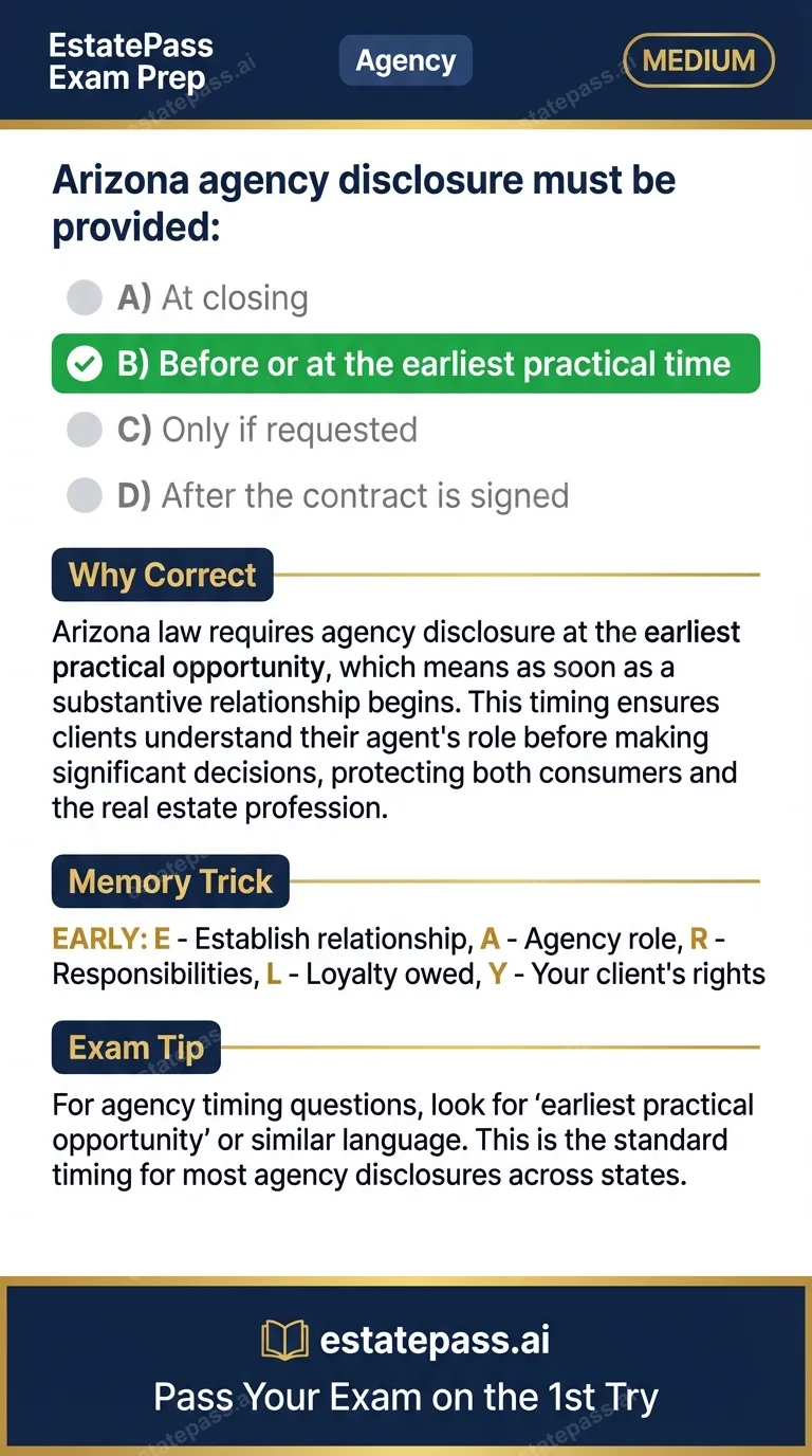 Study card infographic for: Arizona agency disclosure must be provided: