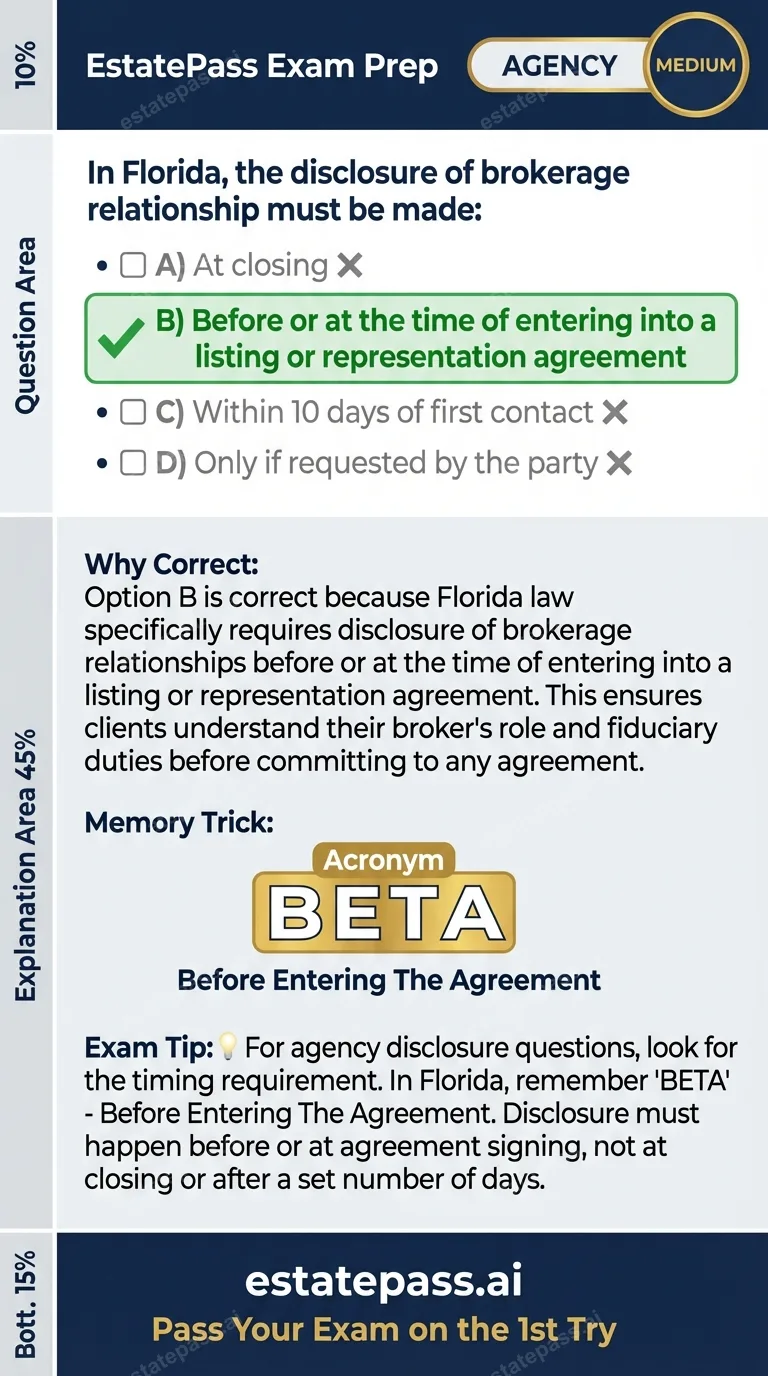 Study card infographic for: In Florida, the disclosure of brokerage relationship must be made: